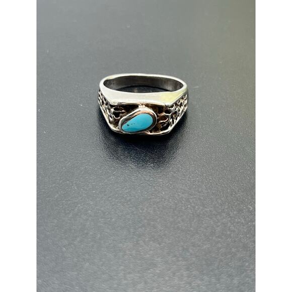 Native Vintage Sterling Silver Oval Bezel Turquoise Ring Openwork Band Size 8 - Picture 12 of 15